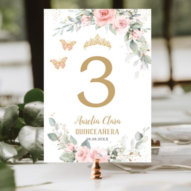 Quinceañera  Rosa Blommigt Guld Butterflies Bordsnummer (Skapare uppladdad)