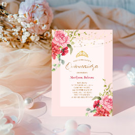 Quinceañera Rosa Blommigt Guld Inbjudningar