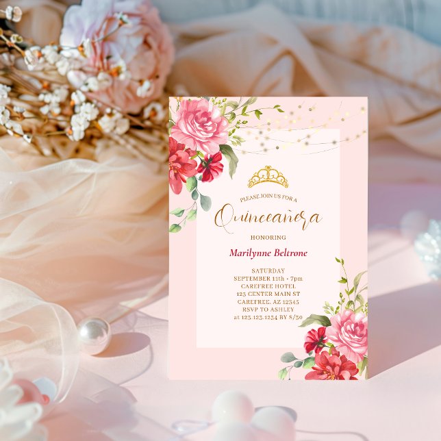 Quinceañera Rosa Blommigt Guld Inbjudningar (Skapare uppladdad)