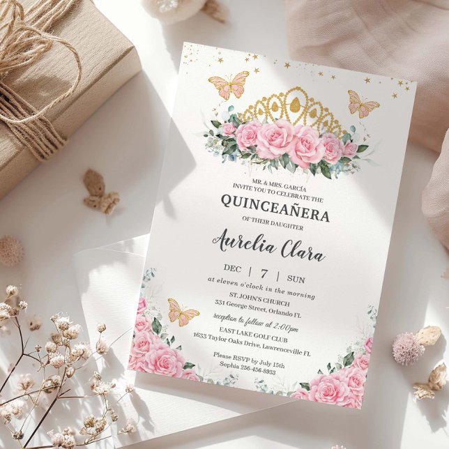Quinceanera Rosa Blommigt Guld Krona Butterflies Inbjudningar (Skapare uppladdad)