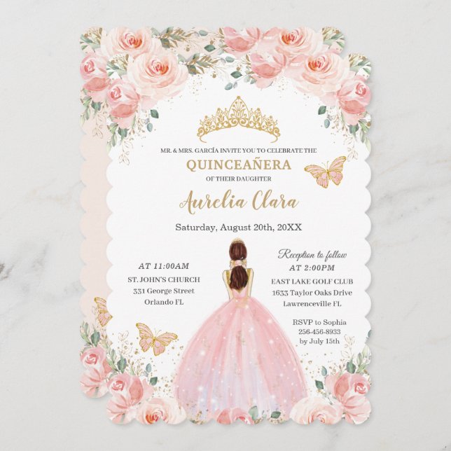 Quinceañera  Rosa Blommigt Guld Krona Butterfly Inbjudningar (Fram/baksida)