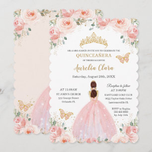 Quinceañera  Rosa Blommigt Guld Krona Butterfly Inbjudningar