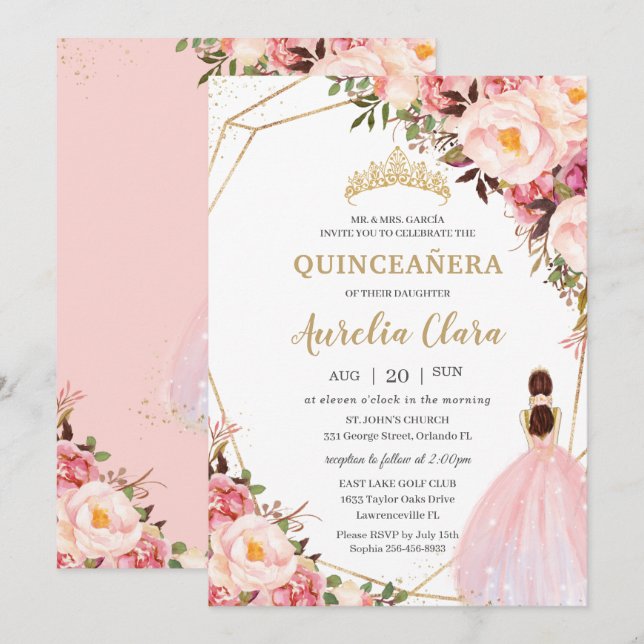 Quinceañera  Rosa Blommigt Guld Princess Inbjudningar (Fram/baksida)
