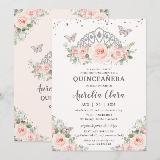 Quinceañera  Rosa Blommigt Krona Butterflies Inbjudningar (Fram/baksida)