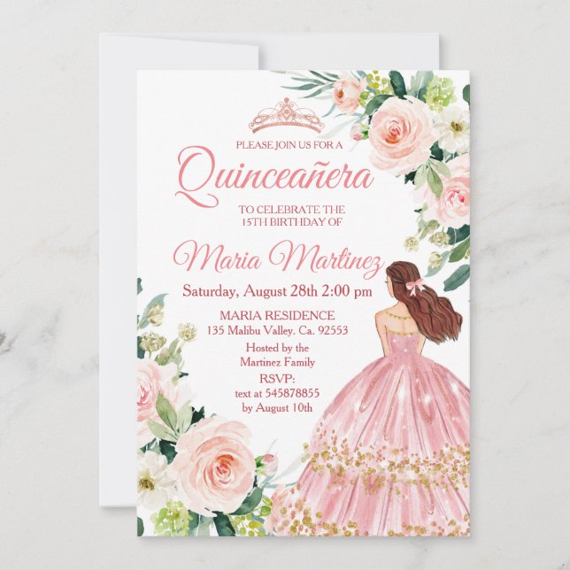 Quinceanera  Rosa Blommigt Mexikansk födelsedag Inbjudningar (Framsida)