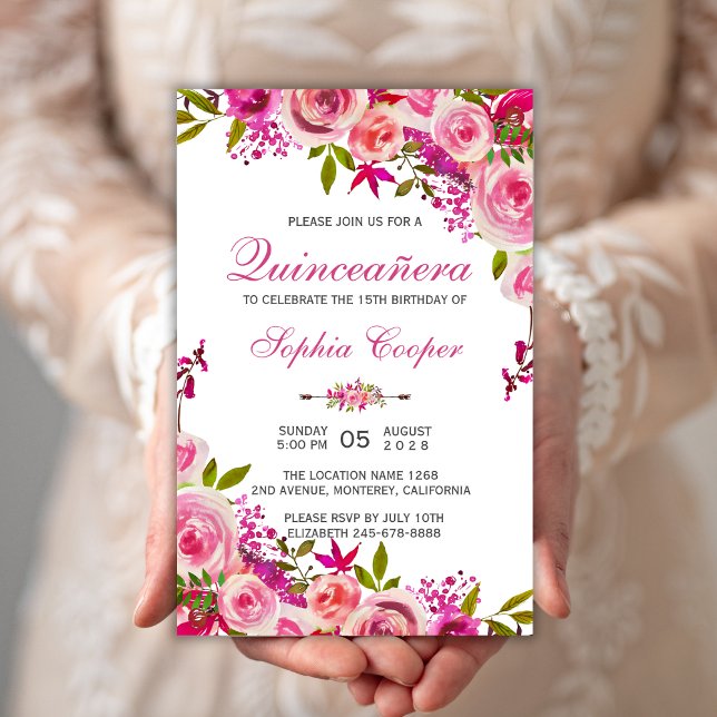 Quinceañera Rosa Blommigt Mis Quince Anos-inbjudan (Skapare uppladdad)