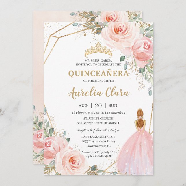 Quinceañera  Rosa Blommigt Mis Quince Anos Inbjudningar (Fram/baksida)