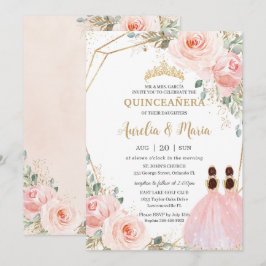 Quinceañera  Rosa Blommigt Mis Quince XV Twillinga Inbjudningar