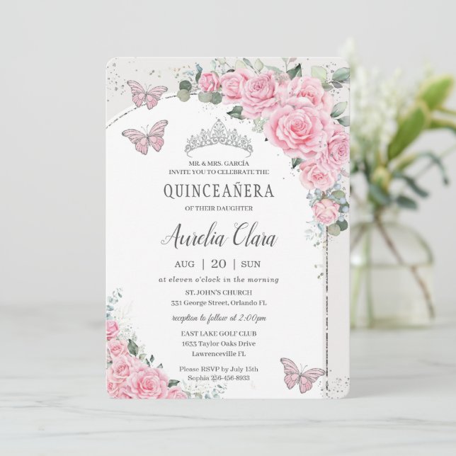 Quinceañera Rosa Blommigt Princess 15 Años Butterf Inbjudningar (Stående Fram)