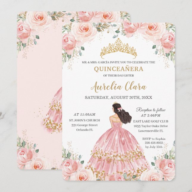 Quinceañera  Rosa Blommigt Princess Birthday Inbjudningar (Fram/baksida)