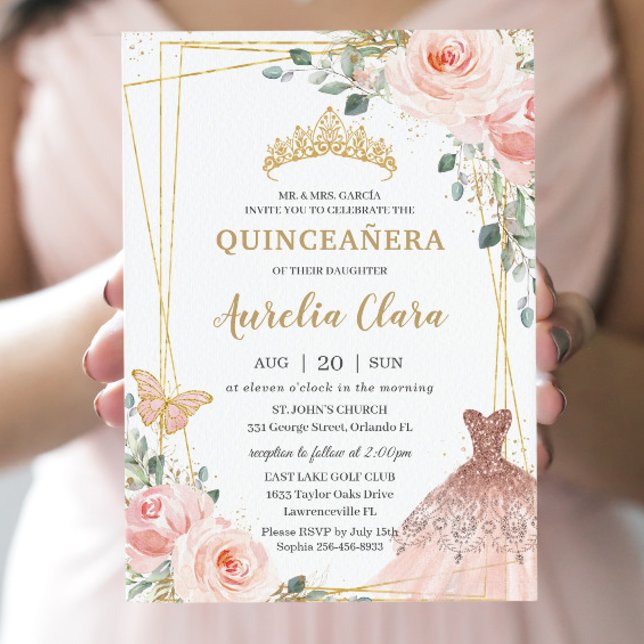 Quinceañera  Rosa Blommigt Princess Gown Tiara Inbjudningar (Skapare uppladdad)