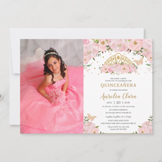 Quinceañera  Rosa Blommigt Princess Krona Photo Inbjudningar (Framsida)