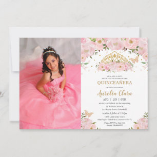 Quinceañera Rosa Blommigt Princess Krona Photo Inbjudningar