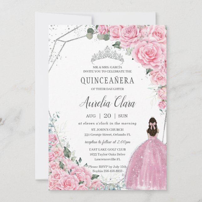 Quinceañera Rosa Blommigt Princess Silver Birthday Inbjudningar (Framsida)