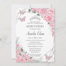 Quinceañera Rosa Blommigt Princess Silver Butterfl Inbjudningar