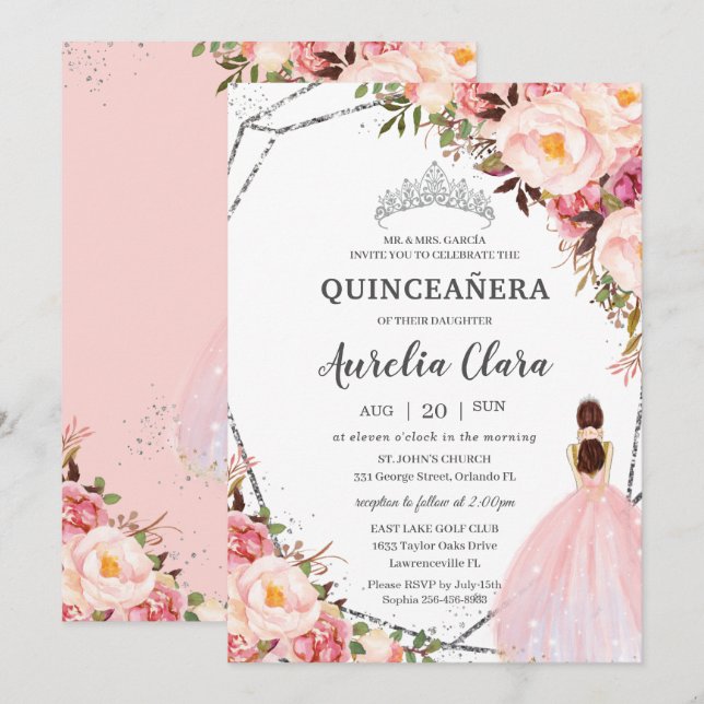 Quinceañera  Rosa Blommigt Princess Silver Inbjudningar (Fram/baksida)