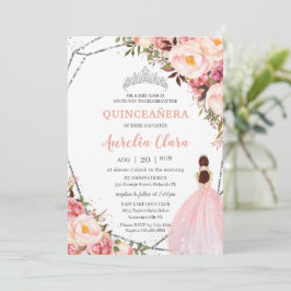 Quinceañera  Rosa Blommigt Princess Silver Invi Inbjudningar