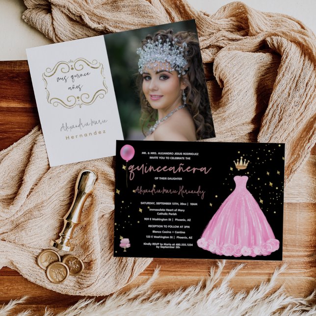Quinceañera  Rosa Blommigt Princess Tiara Photo Inbjudningar (Skapare uppladdad)