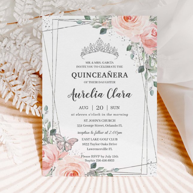 Quinceañera  Rosa Blommigt Ro Butterfly Krona Inbjudningar (Skapare uppladdad)