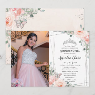 Quinceañera Rosa Blommigt Ro Butterfly Photo Inbjudningar