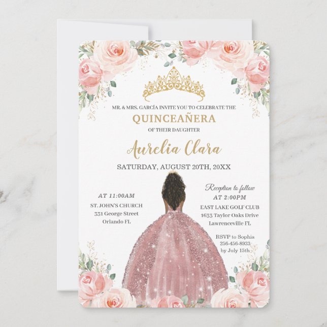Quinceañera  Rosa Blommigt Ro Guld Brown Girl Inbjudningar (Framsida)