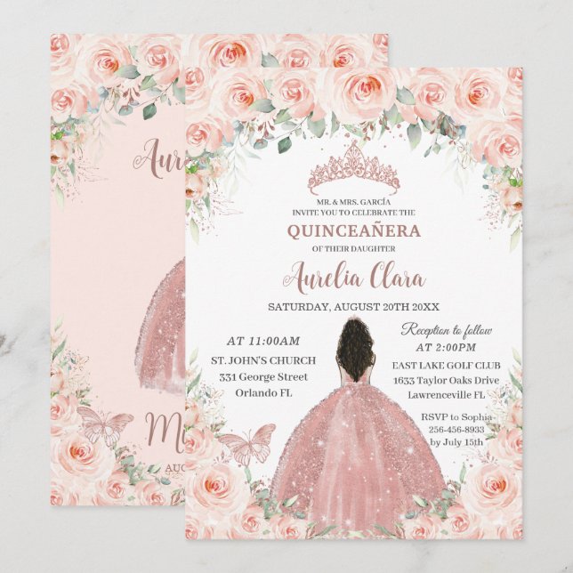 Quinceañera  Rosa Blommigt Ro Guld Dress Girl Inbjudningar (Fram/baksida)