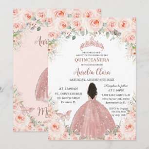 Quinceañera Rosa Blommigt Ro Guld Dress Girl Inbjudningar