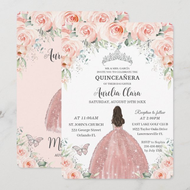 Quinceañera  Rosa Blommigt Ro Princess Silver Inbjudningar (Fram/baksida)