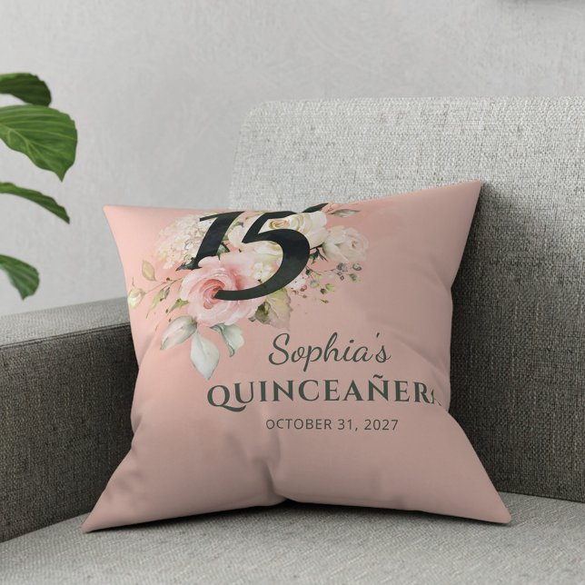 Quinceanera Rosa Blommigt Rustic  15:e födelsedage Kudde (Floral Quinceanera Modern 15th Birthday Throw Pillow)