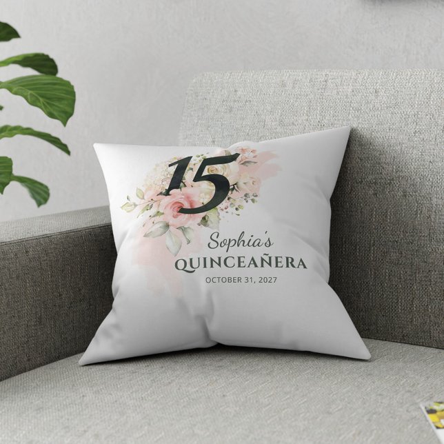 Quinceanera Rosa Blommigt Rustic  15:e födelsedage Kudde (15th Birthday Quinceanera Pink Floral Throw Pillow)