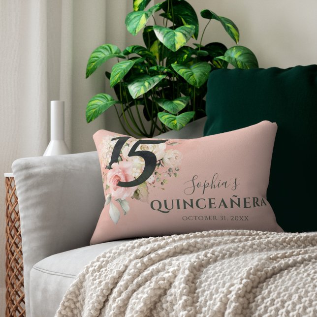 Quinceanera Rosa Blommigt Rustic 15:e födelsedagen Lumbarkudde (Pink Floral 15th Birthday Quinceanera Party Decoration Lumber Pillow)