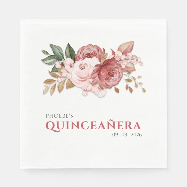 Quinceanera Rosa Blommigt Rustic Botanic Pappersservett (Framsidan)