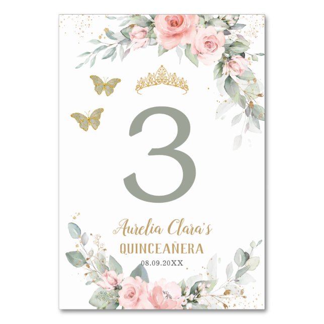 Quinceañera Rosa Blommigt Sage Grönt Butterflies Bordsnummer (Framsidan)