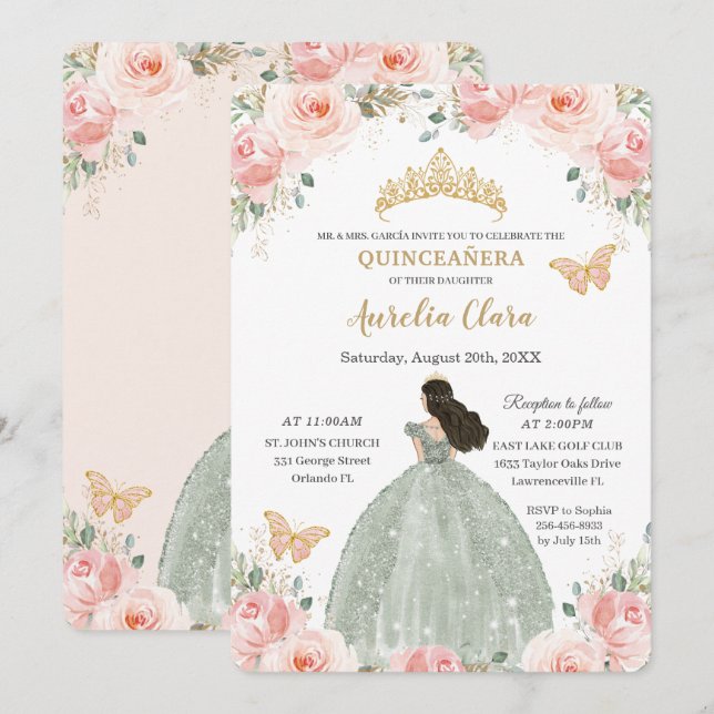 Quinceañera  Rosa Blommigt Sage Grönt Dress Inbjudningar (Fram/baksida)
