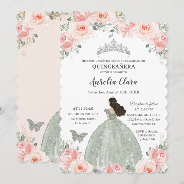 Quinceañera  Rosa Blommigt Sage Grönt Dress Inbjudningar (Fram/baksida)