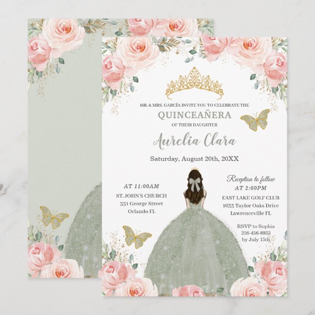 Quinceañera  Rosa Blommigt Sage Grönt Princess Inbjudningar (Fram/baksida)
