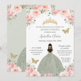 Quinceañera  Rosa Blommigt Sage Grönt Princess Inbjudningar