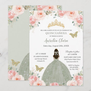 Quinceañera  Rosa Blommigt Sage Grönt Princess Inbjudningar