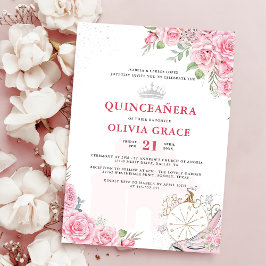 Quinceanera  Rosa Blommigt Silver Krona Inbjudningar