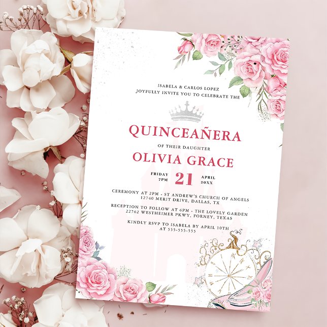 Quinceanera  Rosa Blommigt Silver Krona Inbjudningar (Skapare uppladdad)