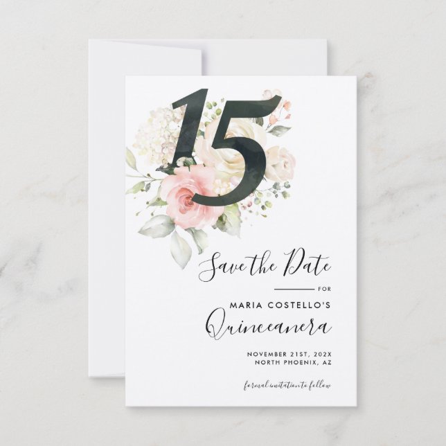 Quinceanera Rosa Blommigt Spara datum meddelande Inbjudningar (Framsida)