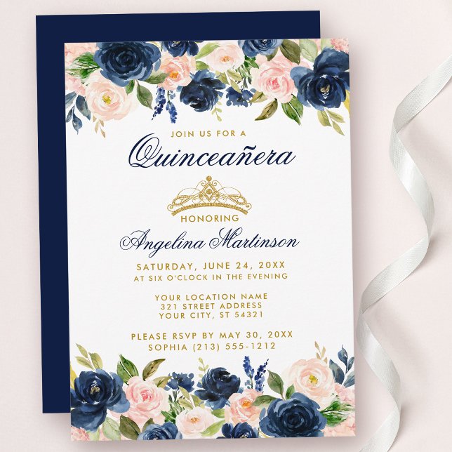 Quinceanera Rosa Blue Blommigt Krona Guld Inbjudan (Customize to change text color, style, add text & photos to back or change color of back of card.)