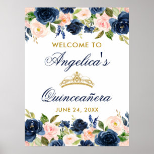 Quinceanera Rosa Blue Blommigt Krona Guld Poster