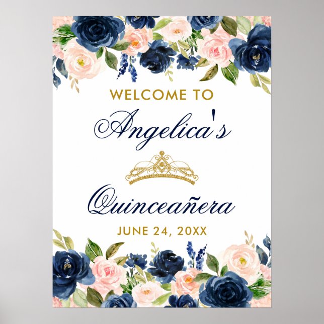 Quinceanera Rosa Blue Blommigt Krona Guld Poster (Framsidan)