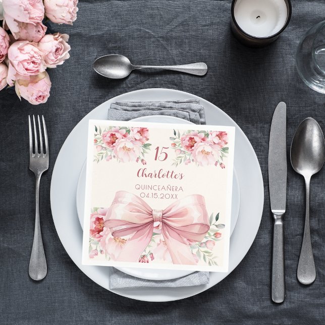Quinceanera rosa bow kräm blommigt ro pappersservett (Skapare uppladdad)