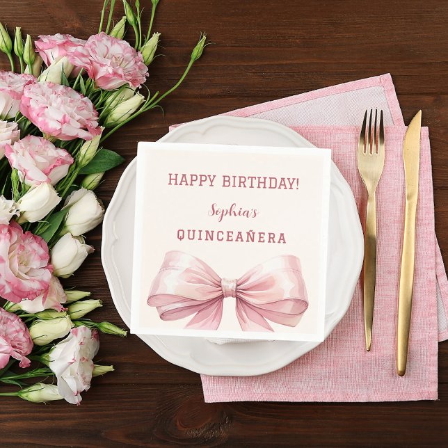 Quinceanera rosa bow kräm pappersservett (Skapare uppladdad)