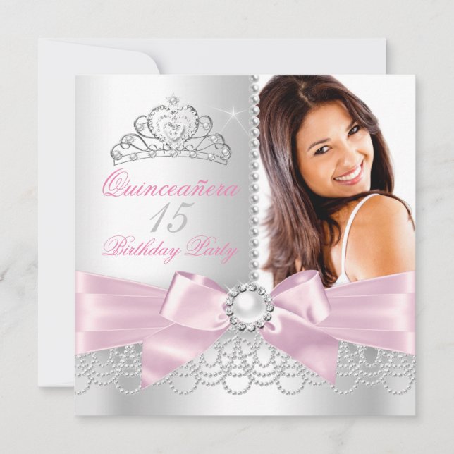 Quinceanera Rosa Bow white Pearls Photo Birthday Inbjudningar (Framsida)