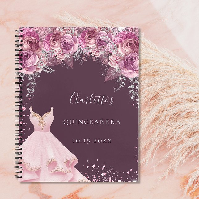 Quinceanera rosa bugundy blommigt dress gäst bok anteckningsbok (Skapare uppladdad)