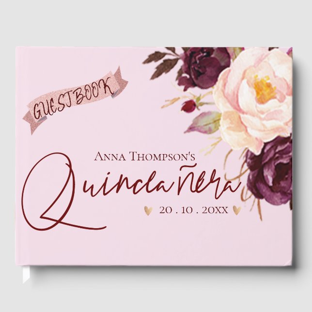 Quinceanera  Rosa Burgundy Blommigt Birthday Gästböcker (Framsida)