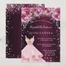 Quinceanera rosa burgundy glitter dress blommigt